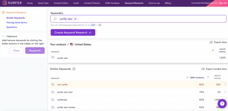 surfer seo keyword research dashbord